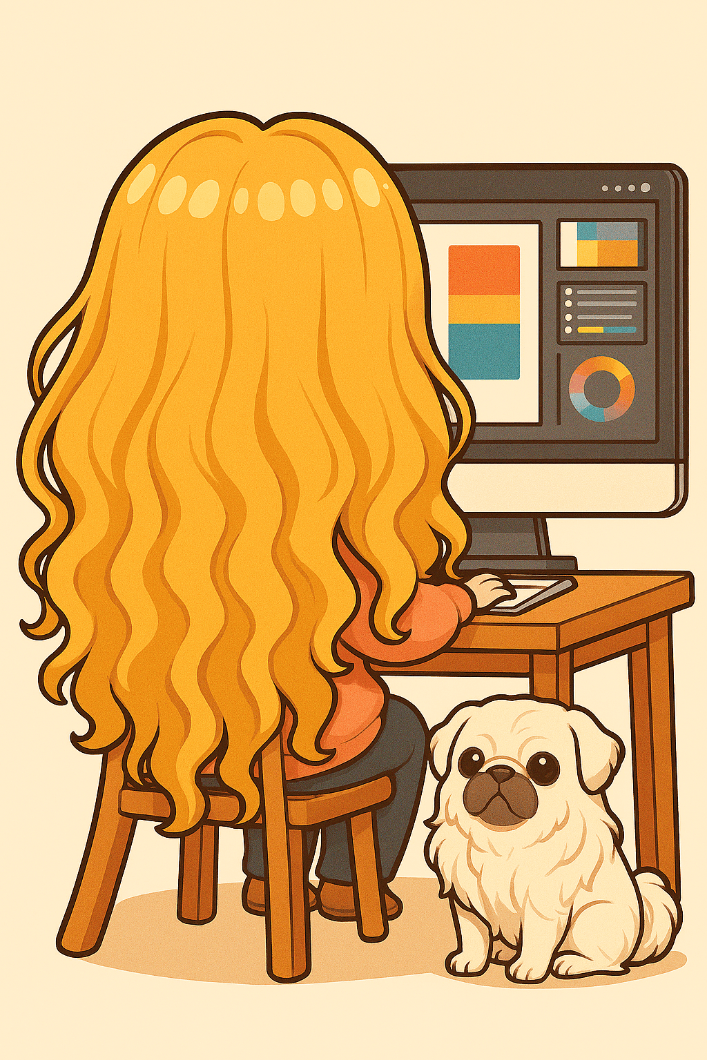 Chibi-style illustration of a female designer with very long, wavy honey blonde hair sitting at a wooden desk, viewed from behind. She is working on a computer displaying a colorful design interface. A fluffy white long-haired pug sits adorably near her feet, gazing upward. The workspace includes cozy details like a coffee mug and sticky notes, all set against a warm beige background in a vertically elongated layout.