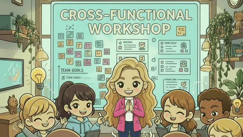 Cross-Functional Facilitation & Creative Consulting Chibi-style blonde creative consultant leading a collaborative workshop with diverse teammates and strategy boards