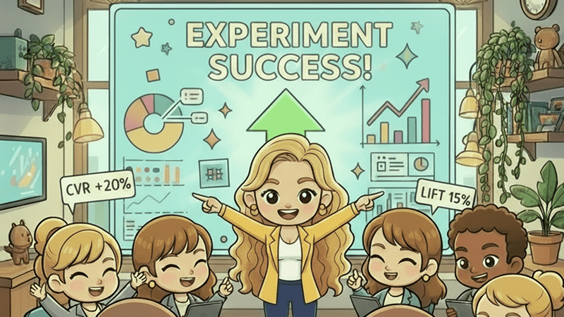 Experimentation & Performance Optimization-sm Chibi-style blonde UX strategist analyzing A/B test results with dashboards, sticky notes, and cheering teammates