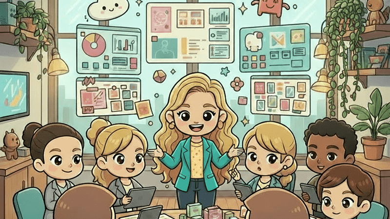 Visual Storytelling & Brand Design-sm Chibi-style blonde creative director designing brand characters and visual assets in a cozy studio