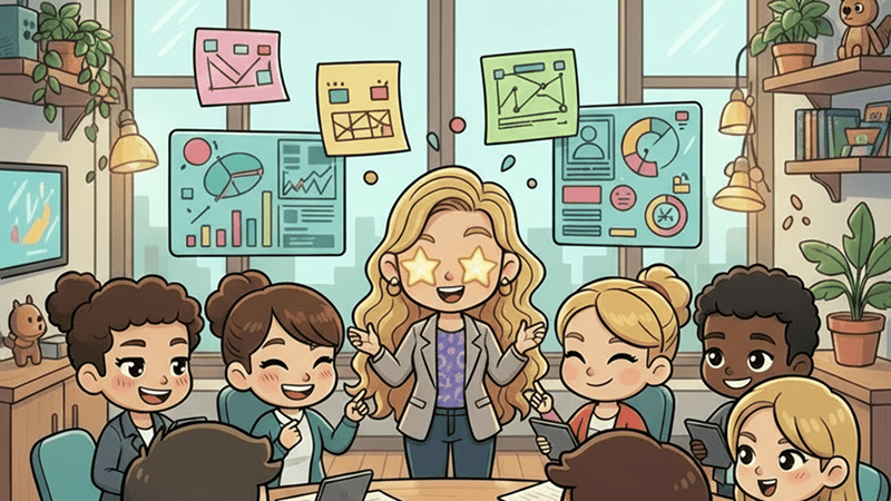 ux-research-sm Chibi-style blonde UX researcher leading a strategy session with dashboards, sticky notes, and teammates